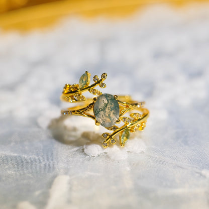 Oval Moss Agate Leaf Adjustable Ring