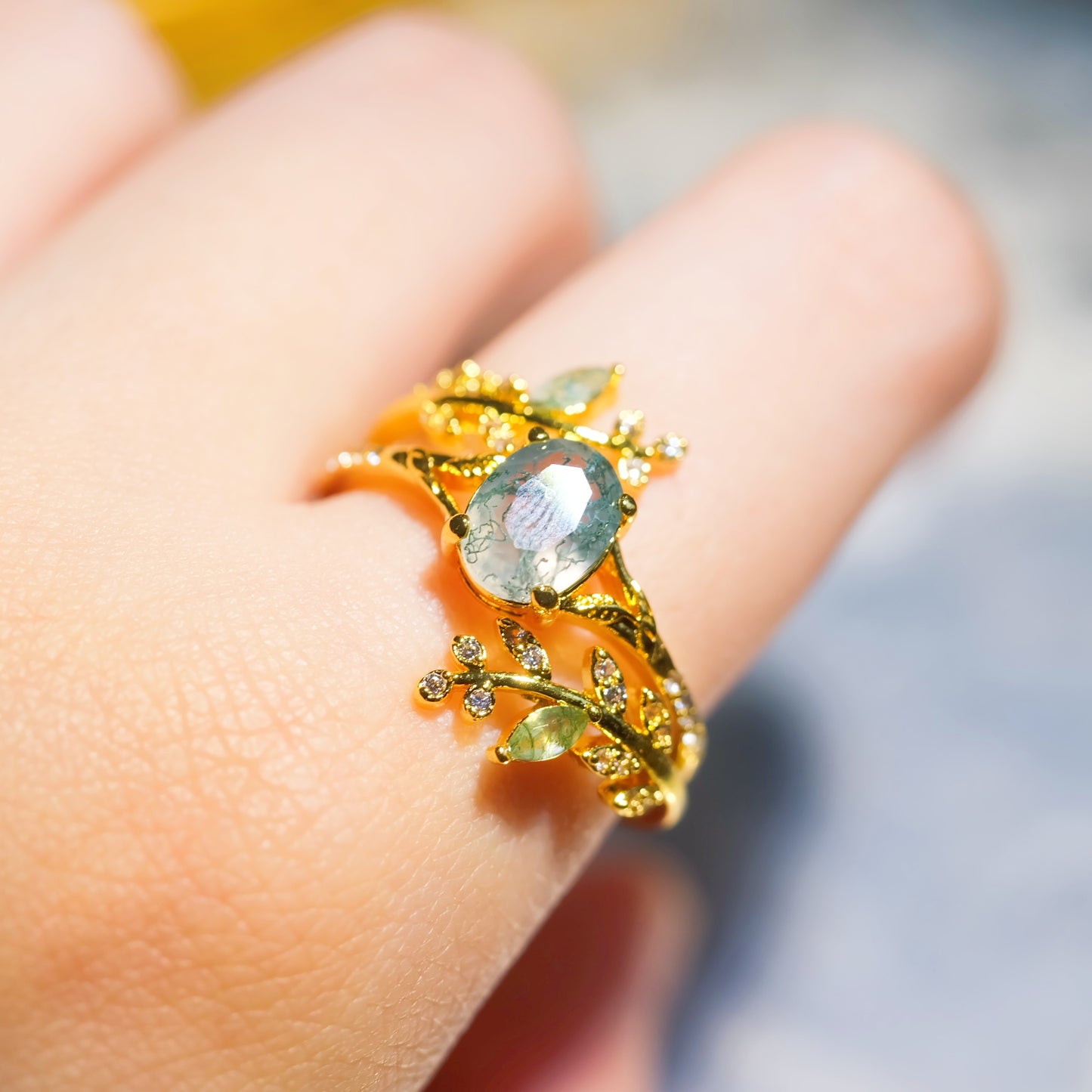 Oval Moss Agate Leaf Adjustable Ring