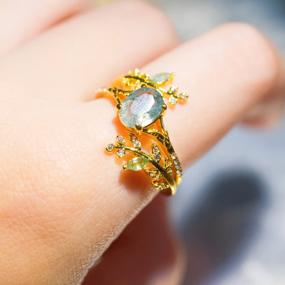 Oval Moss Agate Leaf Adjustable Ring
