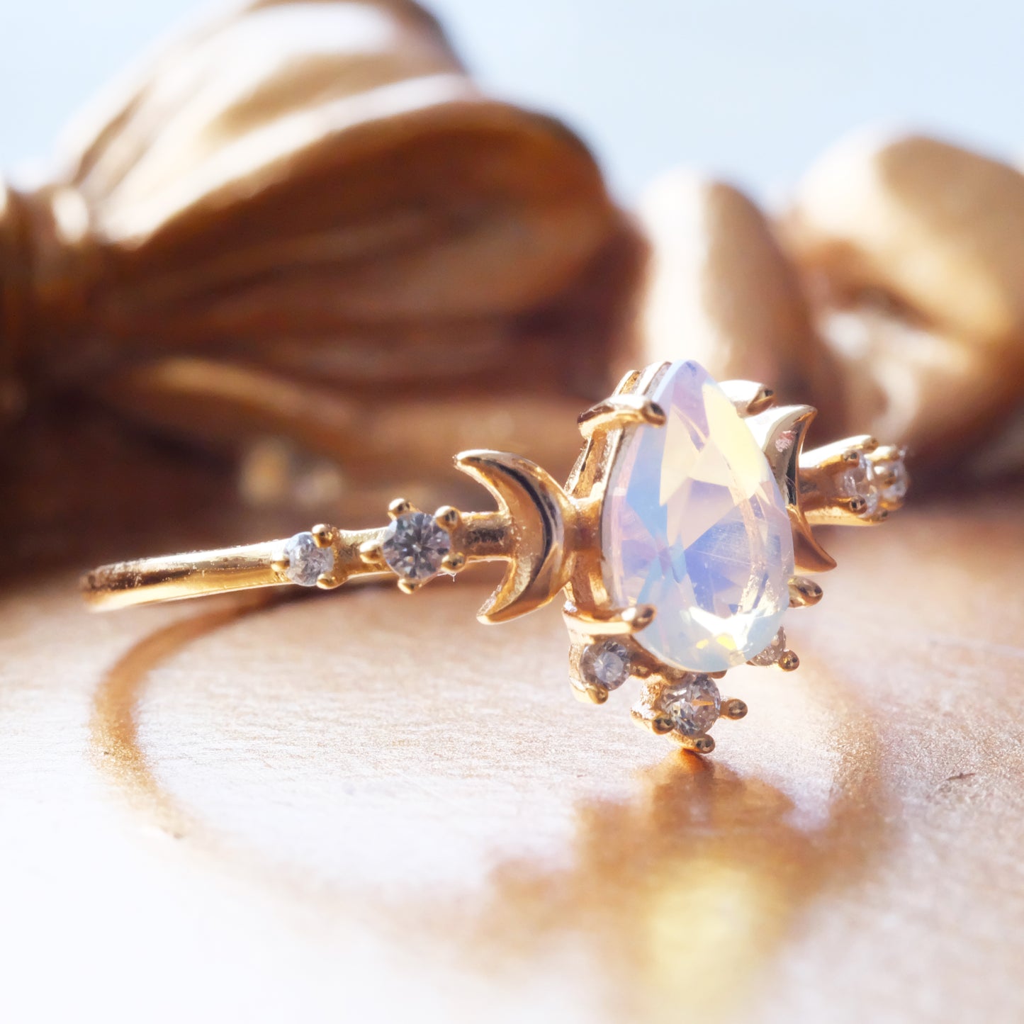 Opal Moonlight Ring 925 Sterling Silver 14K Gold Plated Pear Cut Cubic Zirconia Celestial Jewelry