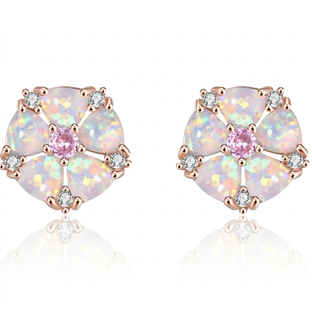 Round Opal Flower Stud Earrings