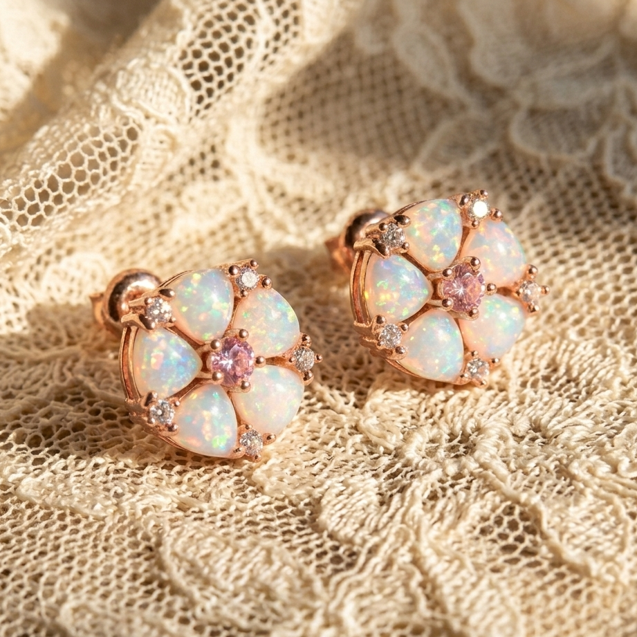 Pair of opal earrings with rose gold setting on lace fabric
