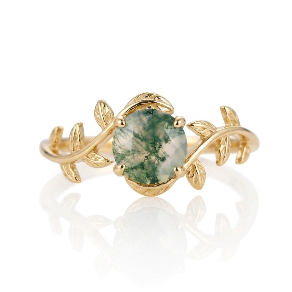 Sterling silver leaf ring with natural moss agate gemstone, 14K gold plated, featuring detailed leaf design by STAR WISH.