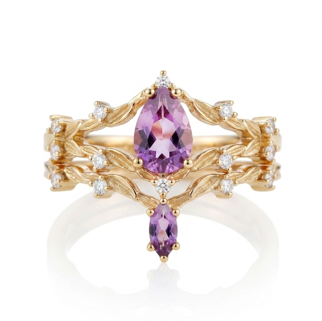 Sterling silver double layer ring set featuring a purple amethyst gemstone, designed by STAR WISH for elegant jewelry.