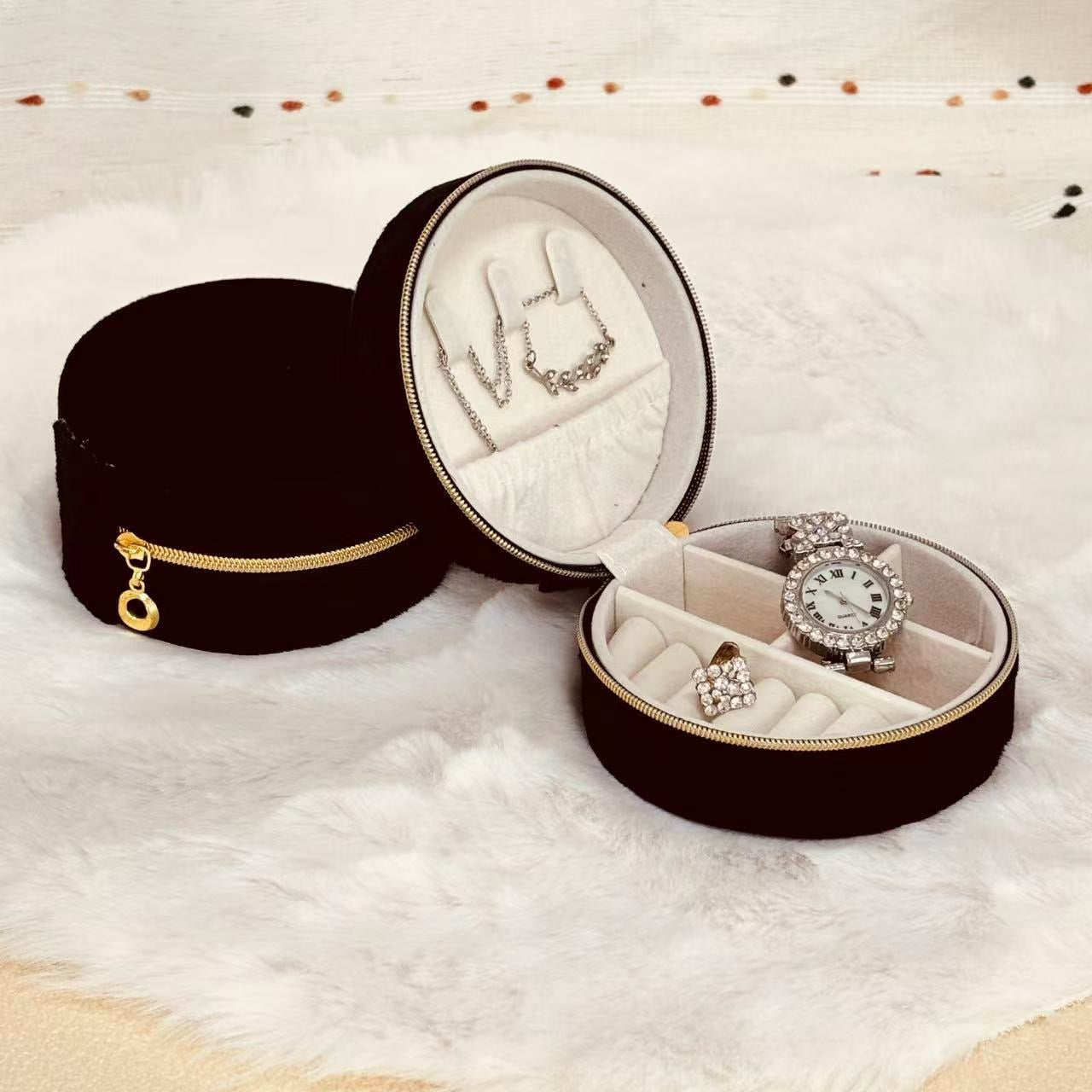 Round velvet travel jewelry case organizer by STAR WISH with compartments for rings, necklaces, and earrings.