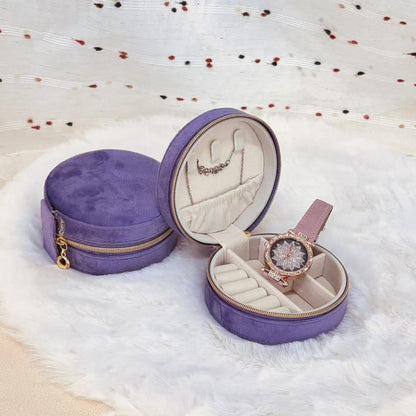Round velvet travel jewelry case organizer by STAR WISH with compartments for necklaces, earrings, and rings.
