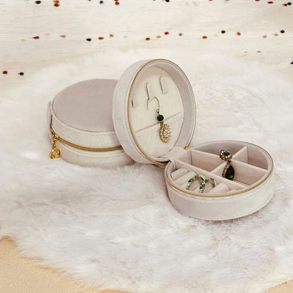 STAR WISH round velvet travel jewelry case organizer with compartments for necklaces, rings, and earrings.