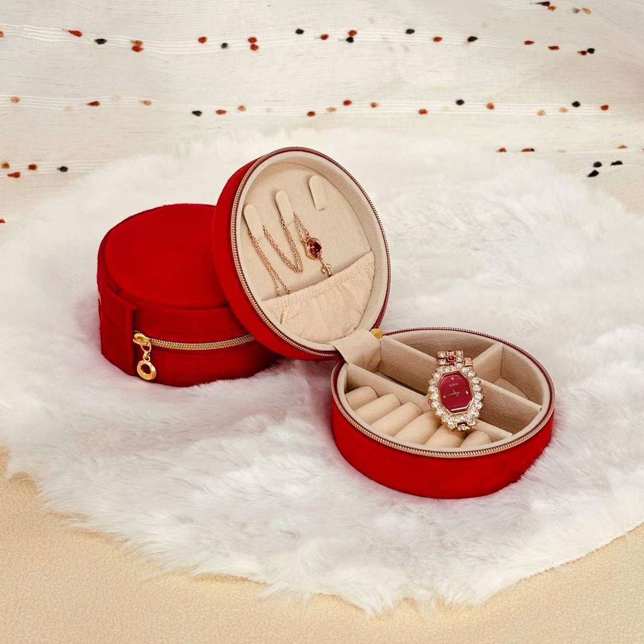 Star Wish round velvet travel jewelry case organizer with compartments for necklaces, rings, and earrings.