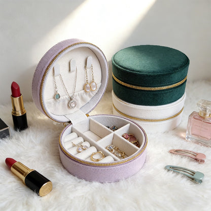 Star Wish round velvet travel jewelry case organizer with compartments for necklaces, rings, and earrings.