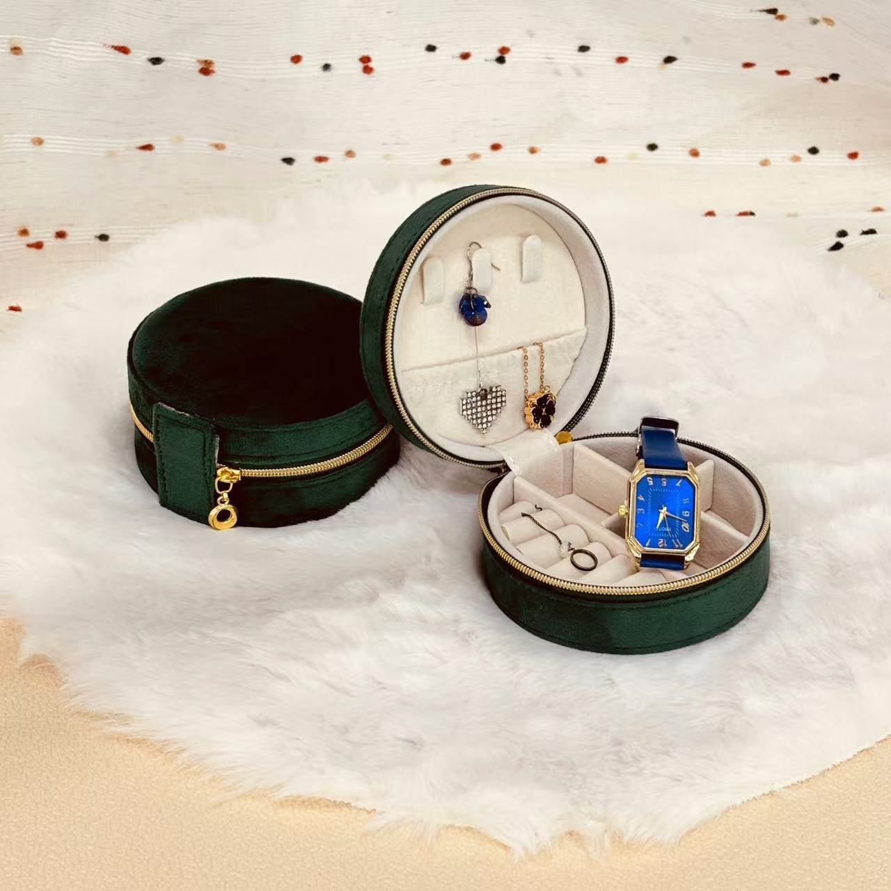 Star Wish round velvet travel jewelry case organizer with compartments, soft exterior, and secure zipper closure.