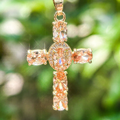 gold cross pendant necklace with champagne crystal gemstone