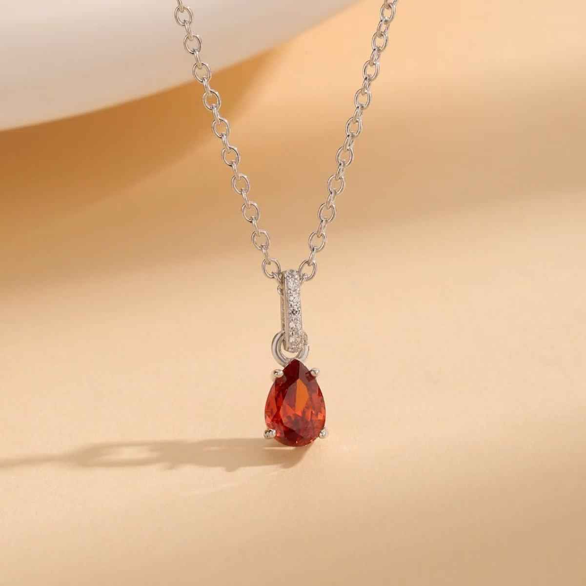 Teardrop Red Zircon Necklace 925 Sterling Silver 18K Rose Gold Plated
