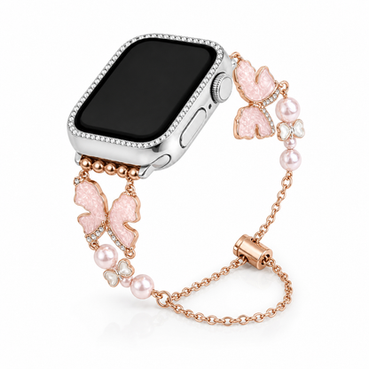 Crystal Butterfly Bow Pearl Apple Watch Band with black watch face in loop display