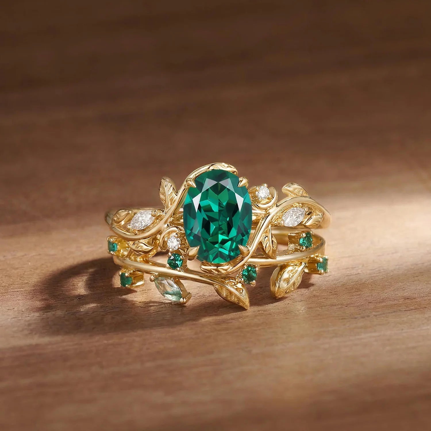 STAR WISH Enchanted Vine Gemstone Ring Set with emerald green center stone