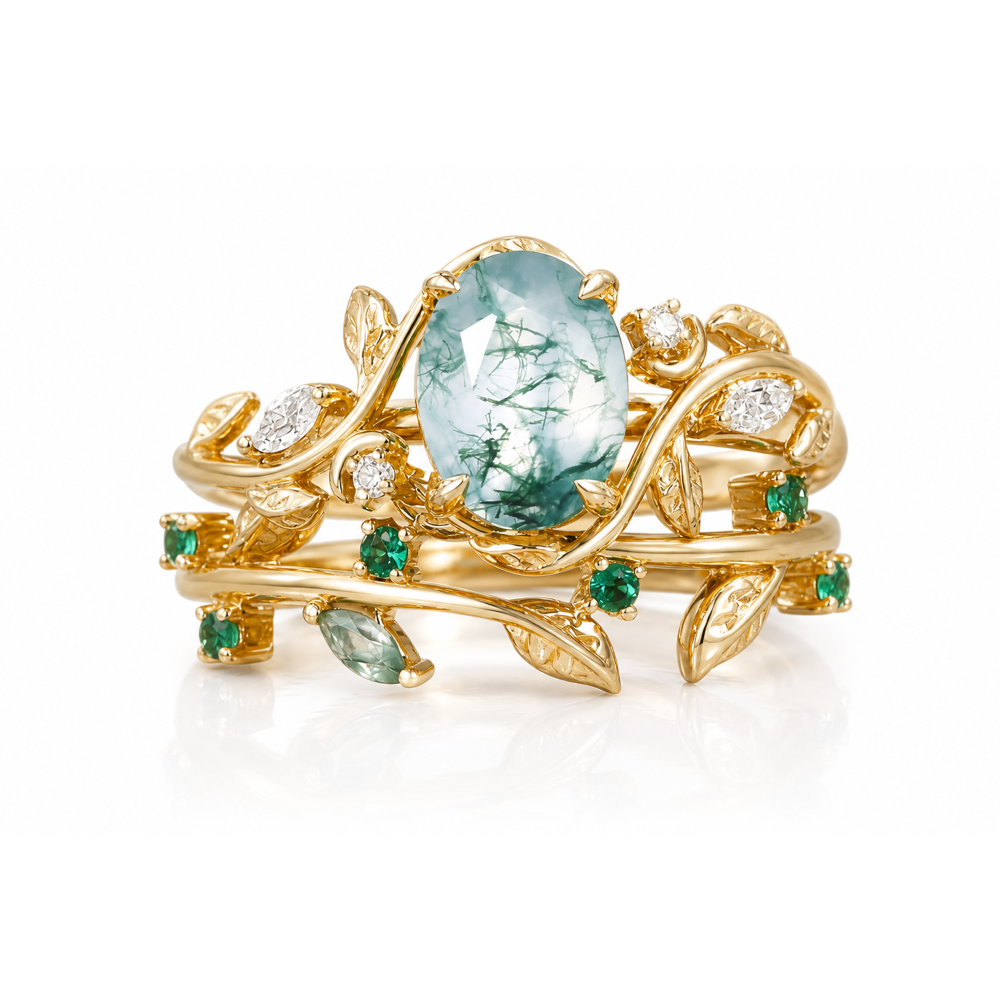 STAR WISH Moss Agate Enchanted Vine Gemstone Ring Set on a 1:1 white background