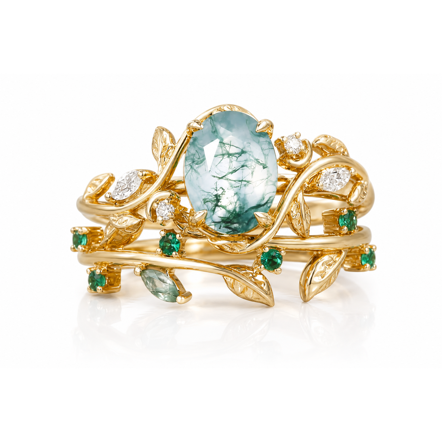 STAR WISH Moss Agate Enchanted Vine Gemstone Ring Set on a 1:1 white background