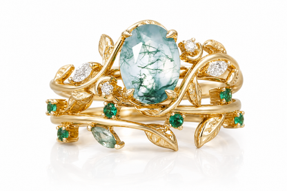 STAR WISH Moss Agate Enchanted Vine Gemstone Ring Set on a white background