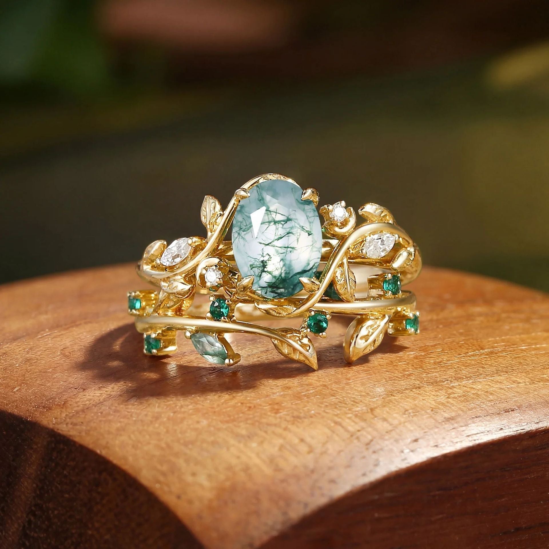 STAR WISH Enchanted Vine Gemstone Ring Set with moss agate center stone