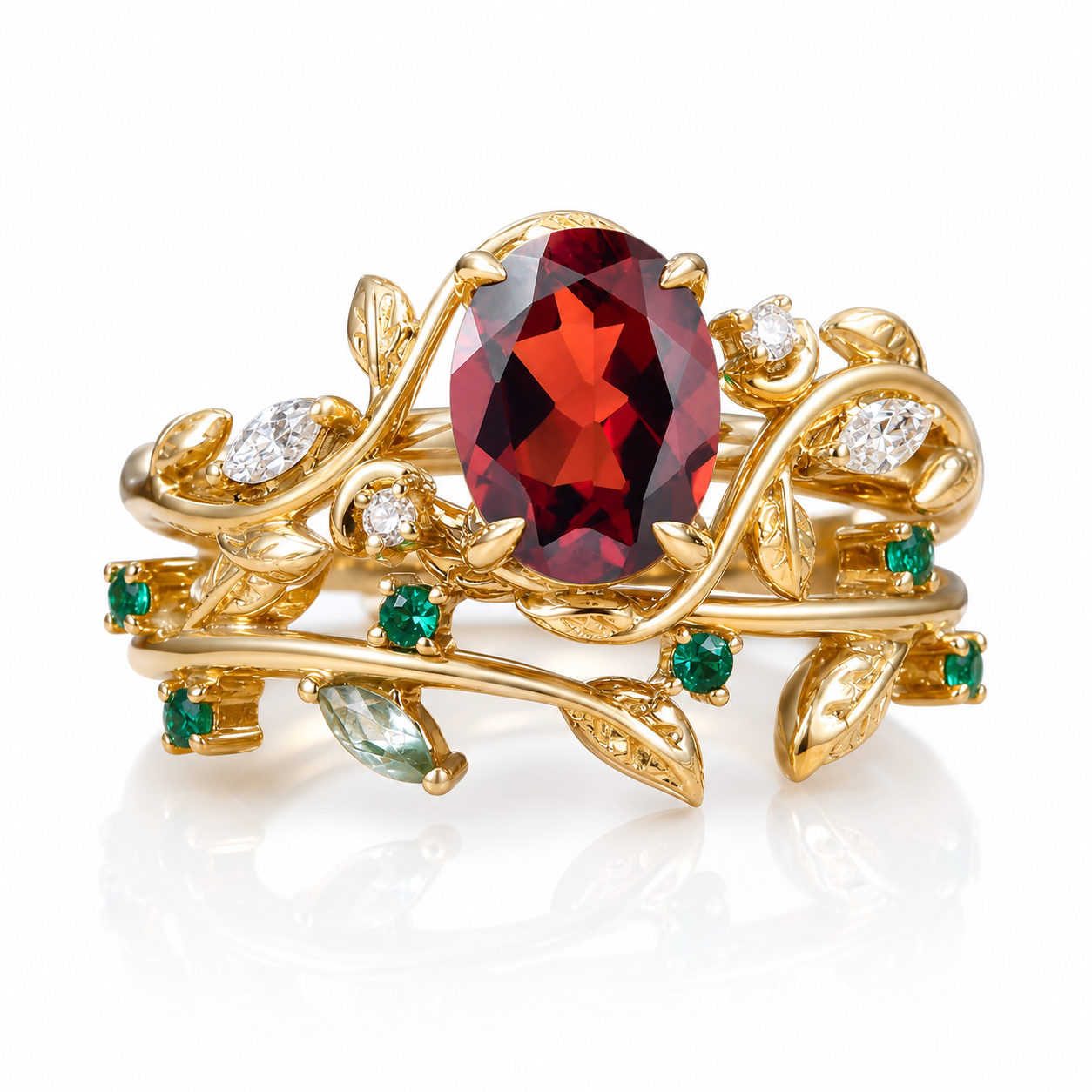 STAR WISH Ruby Red Enchanted Vine Gemstone Ring Set on a white background