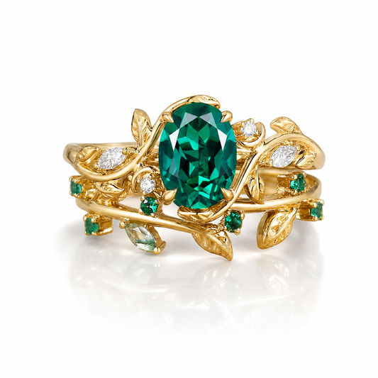 STAR WISH Emerald Green Enchanted Vine Gemstone Ring Set on a white background