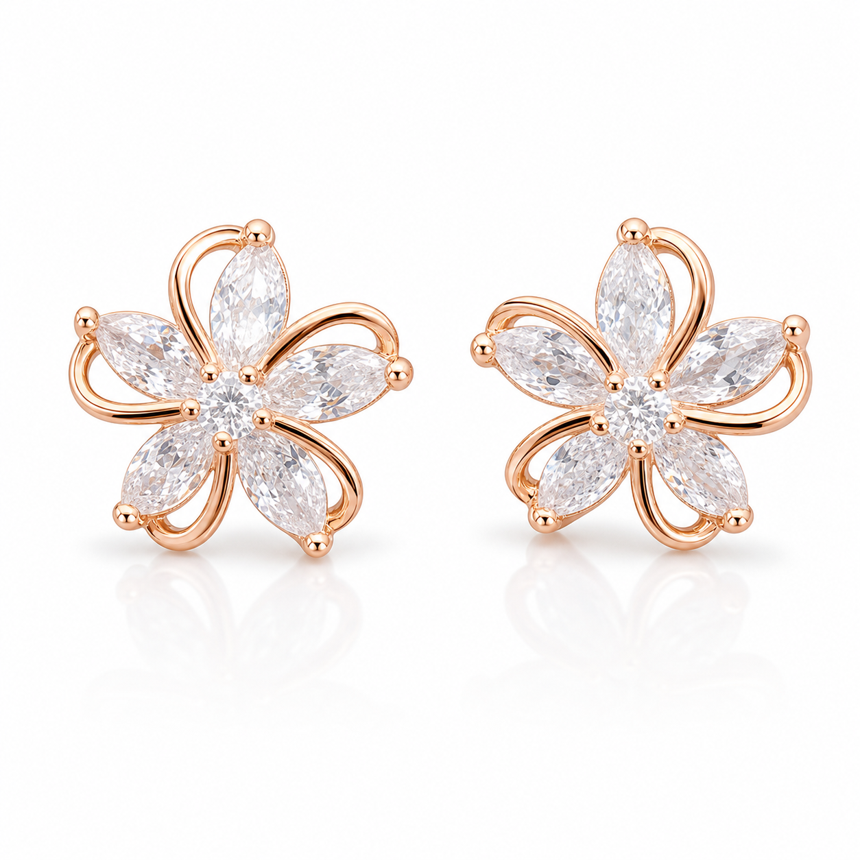 STAR WISH five petal zircon flower stud earrings in rose gold on white background
