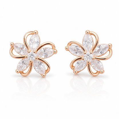 STAR WISH five petal zircon flower stud earrings in rose gold on white background