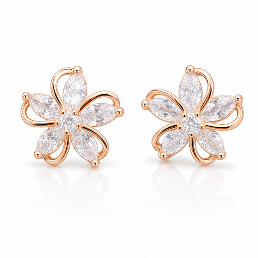 STAR WISH five petal zircon flower stud earrings in rose gold on white background