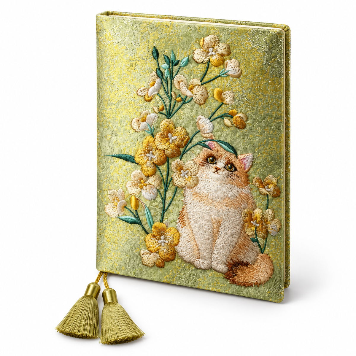 Sitting cat and flower embroidery on a shimmering green-and-gold A5 journal with tassel bookmark