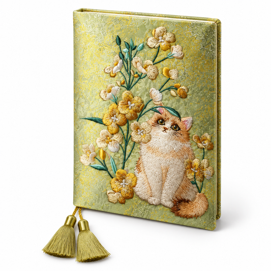 Sitting cat and flower embroidery on a shimmering green-and-gold A5 journal with tassel bookmark