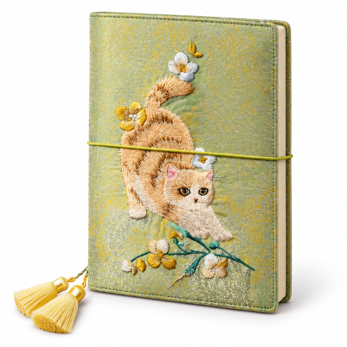 Playful cat and floral embroidery on a green-and-gold A5 journal with tassel bookmark