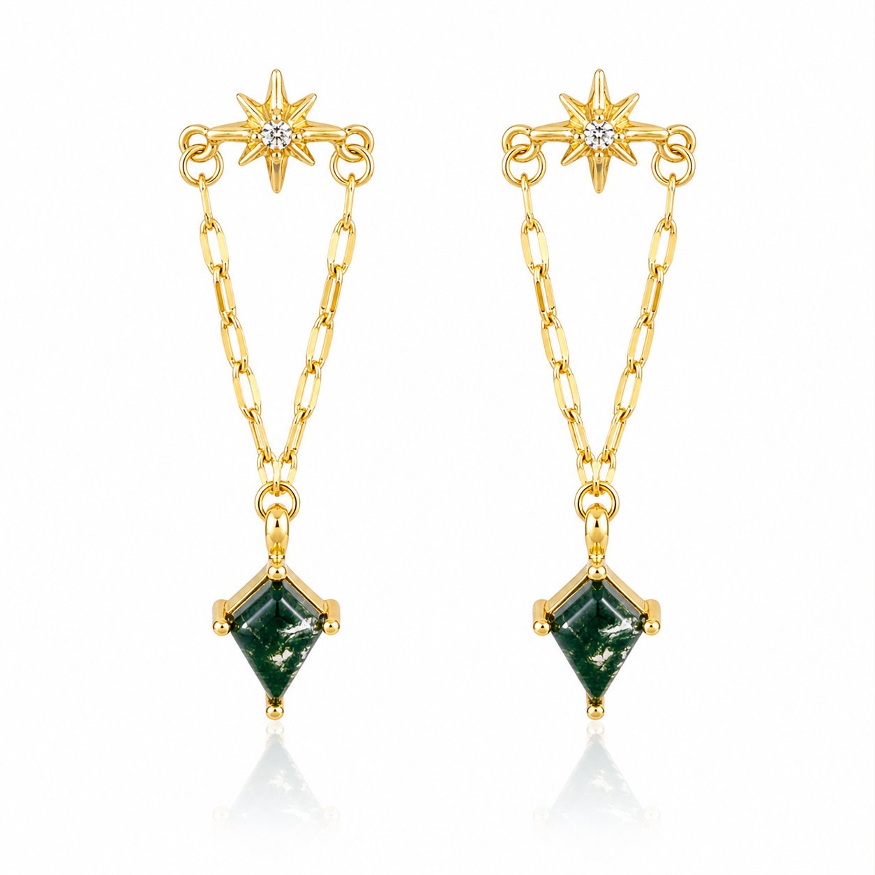 Moss Agate Eight-Point Star Stud Earrings white background product image