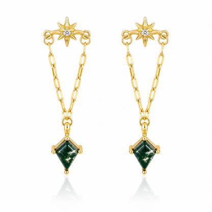 Moss Agate Eight-Point Star Stud Earrings white background product image