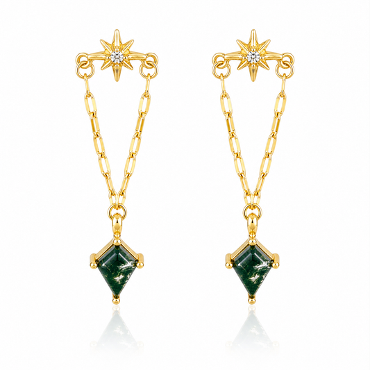 Moss Agate Eight-Point Star Stud Earrings white background product image