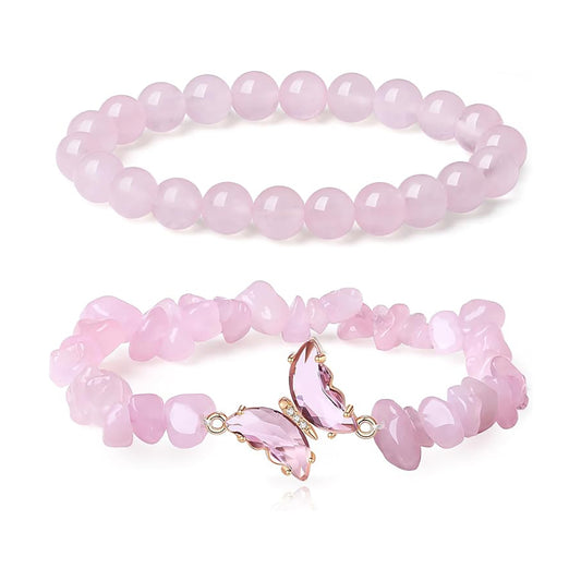 Natural stone butterfly bracelet set pink