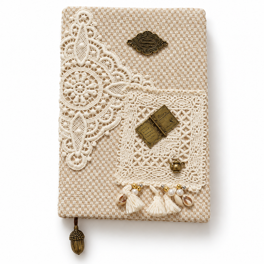 Nature lace A5 journal with ivory lace and antique bronze-tone charms on white