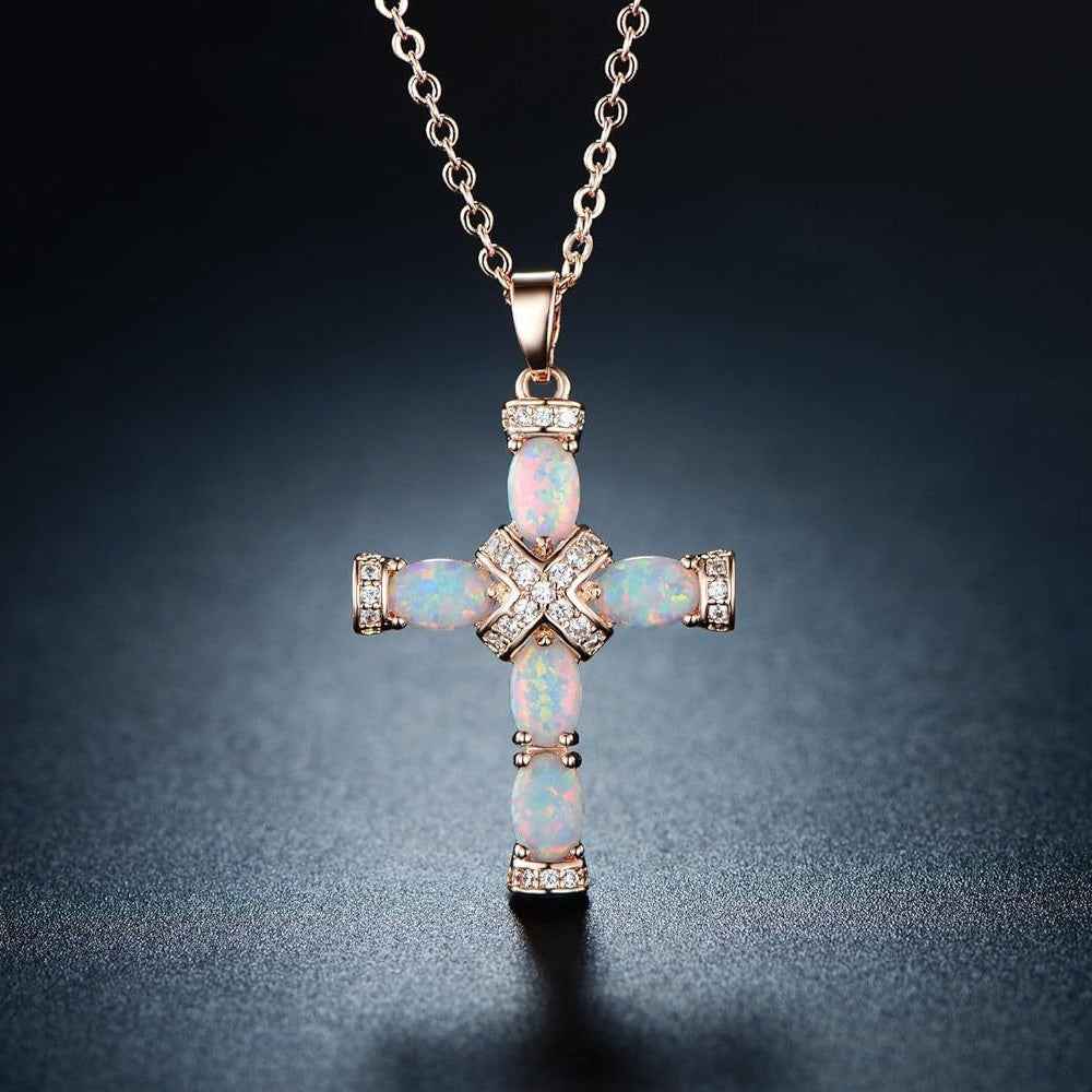 Opal Cross Zircon Pendant Necklace
