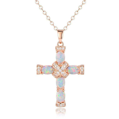 Opal Cross Zircon Pendant Necklace