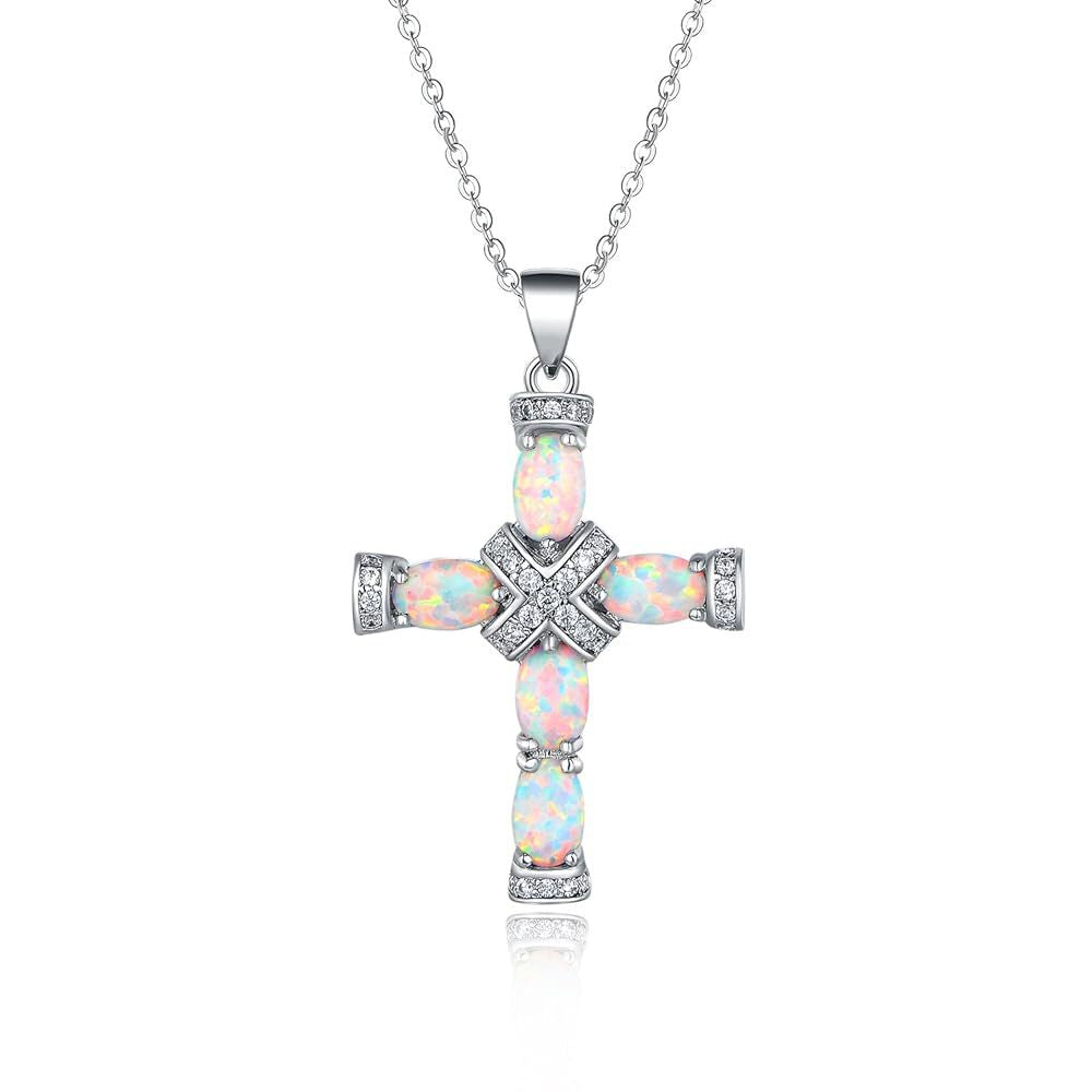 White gold opal cross zircon necklace