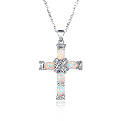 White gold opal cross zircon necklace