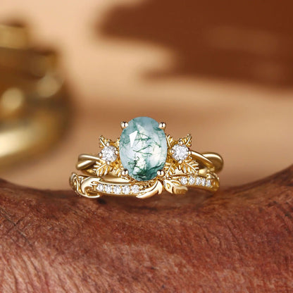 STAR WISH oval moss agate floral branch ring set detail