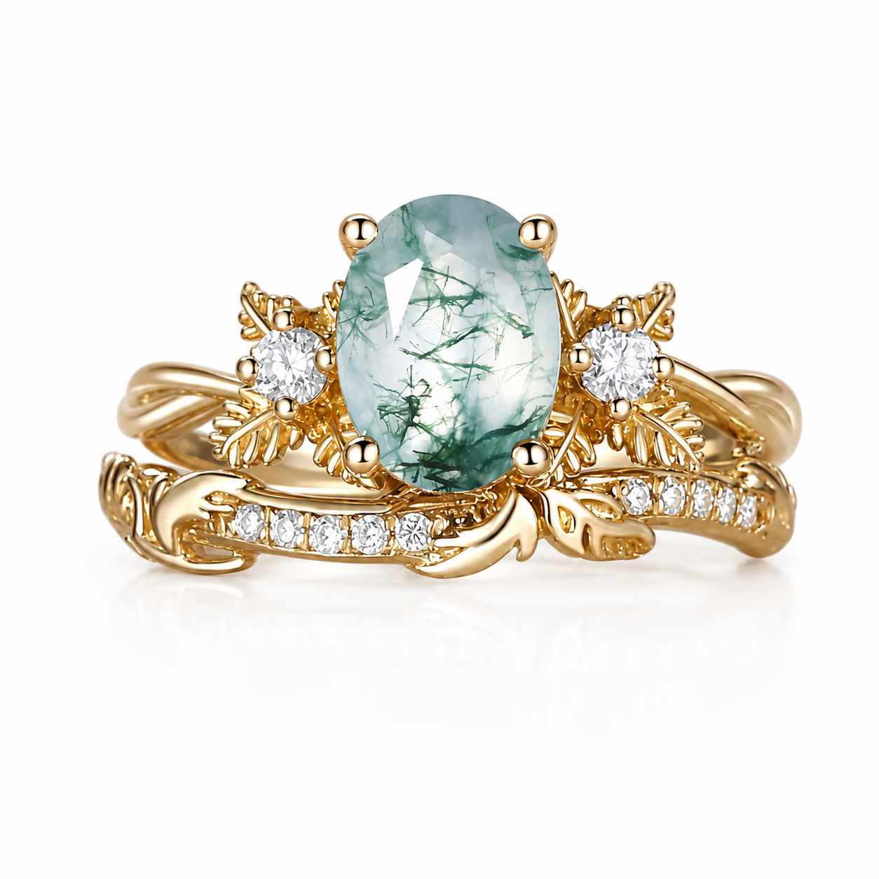 STAR WISH oval moss agate floral branch ring set on white background