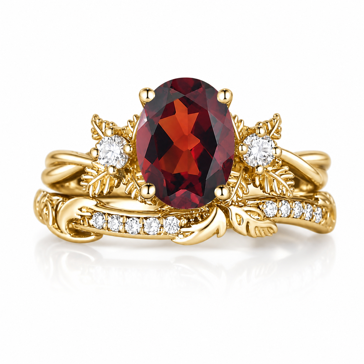 STAR WISH oval ruby floral branch ring set on white background