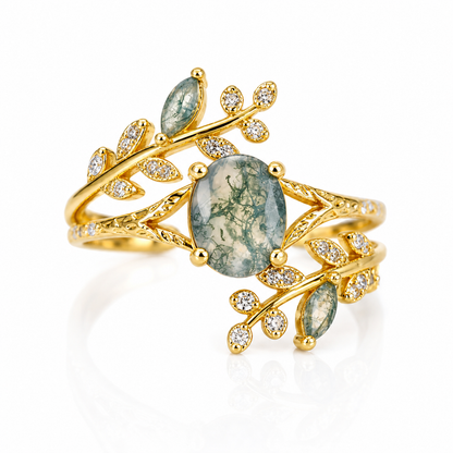 Oval Moss Agate Leaf Adjustable Ring