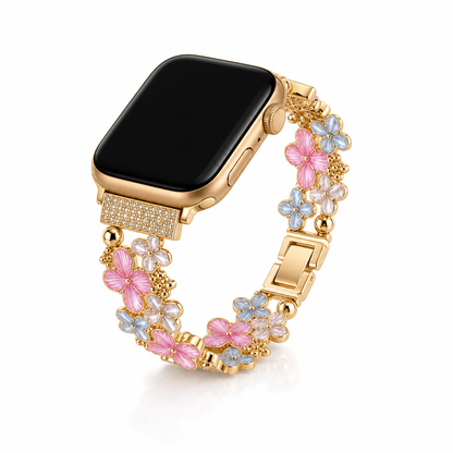 Painted Garden Floral Apple Watch Band with black watch face in loop display