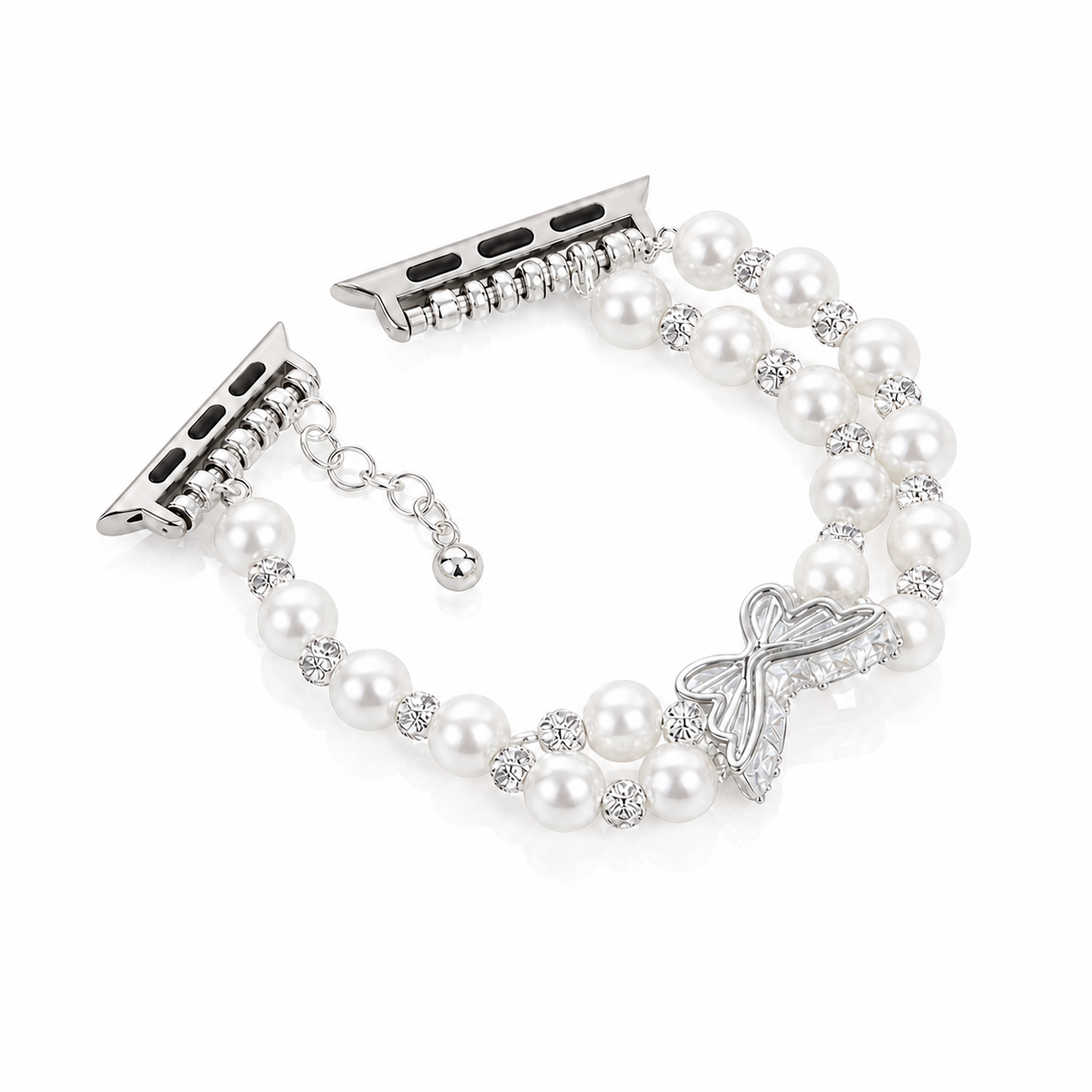 Silver pearl butterfly Apple Watch band on white background