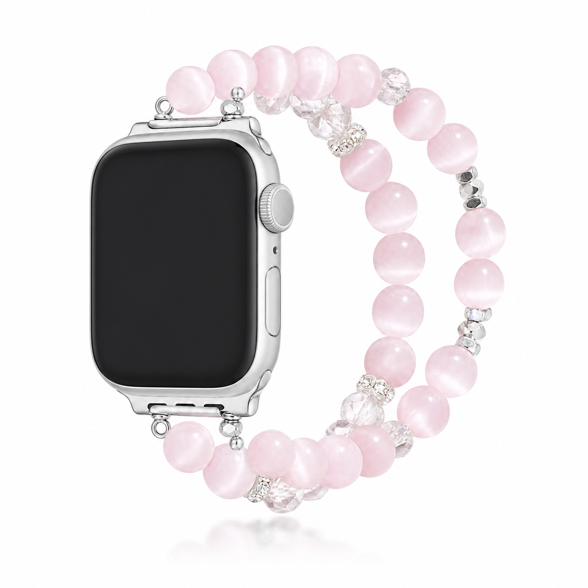 Pink cat eye pearl Apple Watch band with watch on white background