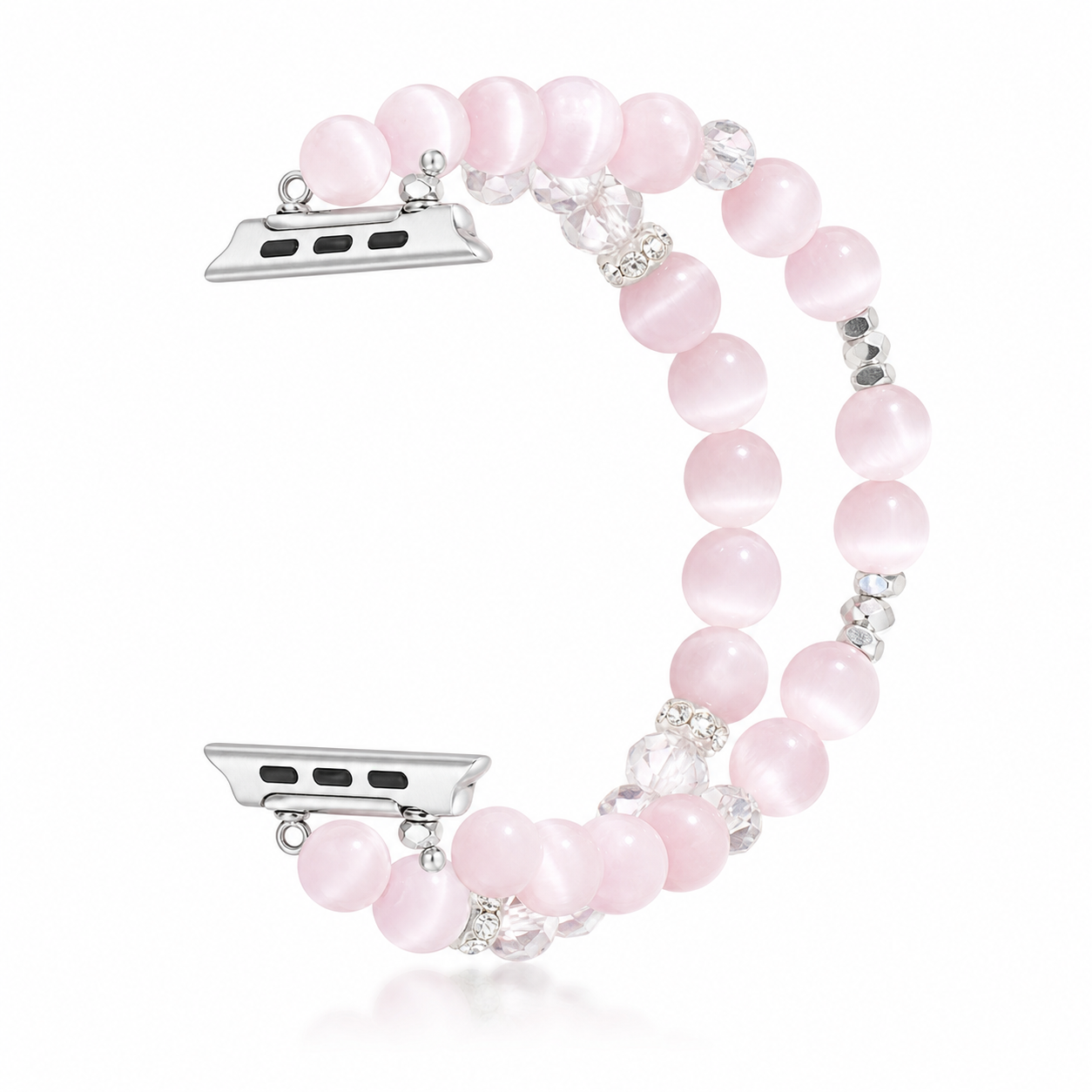 Pink cat eye pearl Apple Watch band on white background