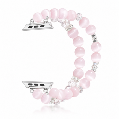 Pink cat eye pearl Apple Watch band on white background