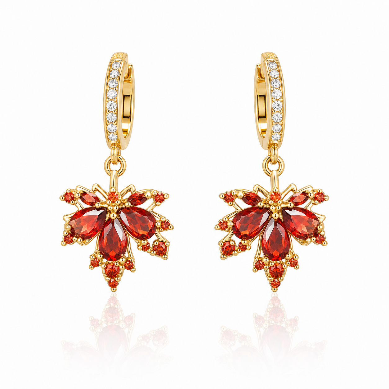 Red Maple Leaf Zircon Stud Earrings white background product image