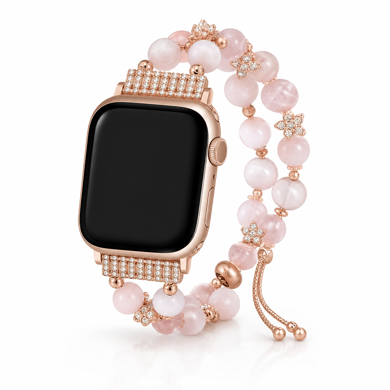 Pearl Charm Double-Strand Apple Watch Band - Rose Gold Chain + Pink Flower